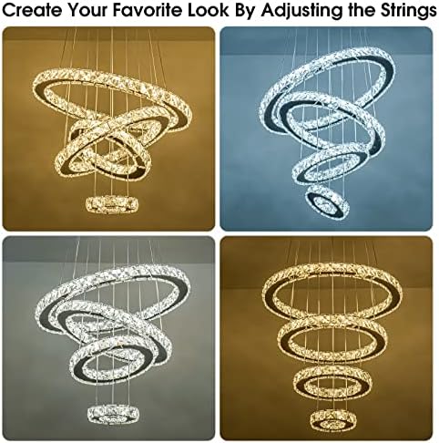 KKMYWAN Moderni kristalni luster, zatamnjeni 4 prstena LED lusterka okrugla stropna privjeska
