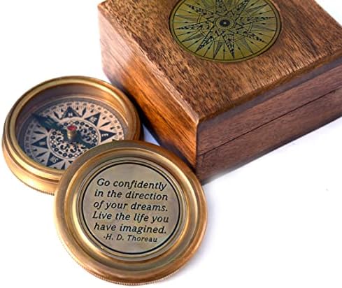 Čvrsti mesing Thoreau's go pouzdano citirajte gravirani kompas sa drvenom kutijom, kompas za kampovanje,