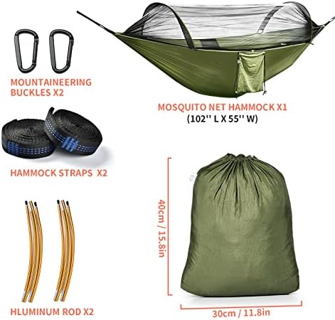Eluteng Camping Hammock sa komarcem Neto prenosive lagane 2 osobe Pop-up Parachute Hammocks Viseći kaiševi za viseće drveće Swing Hammock krevet za vanjski ruksak, kampiranje, avantura, planinarenje