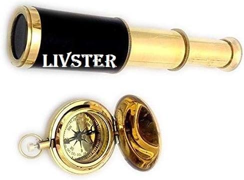 Liverster Početna i dekor mesingani džep teleskop i mesingani kompas Combo, Zlato
