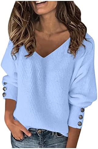 Ženske proljetne bluze su čvrste boje divlji pleteni seksi V-izrez dugim rukavima Top Tops 2023