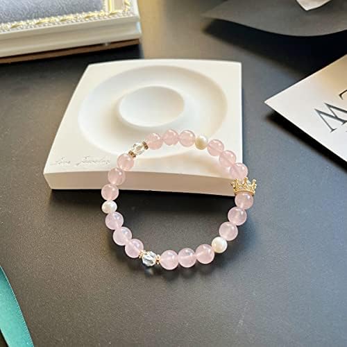 [Amber Crystal] žene princeza kruna prirodni Rose kvarcni biser 14k zlato Pink Crystal Love Lucky perle 8mm elastična narukvica