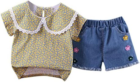 XBGQASU Toddler Kids Girls Odjeća s kratkim rukavima cvjetni print Torp Top Jeans Hratke Ležerne prilike