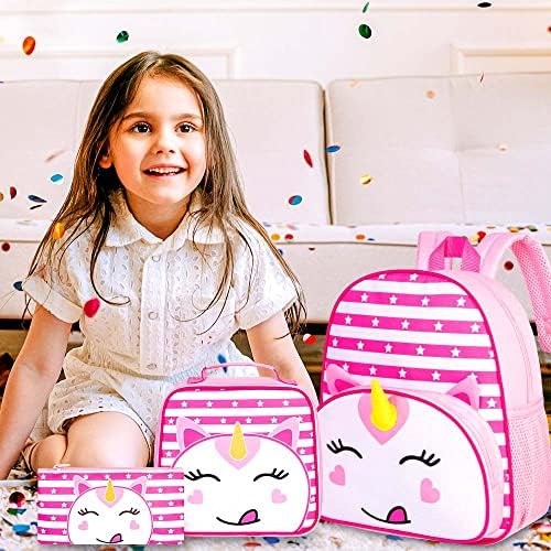 Ftjcf 3kom ruksak za malu djecu, 12 jednorog torba za vrtiće za djevojčice, Školska torba za predškolsku djecu sa kutijom za ručak - Pink