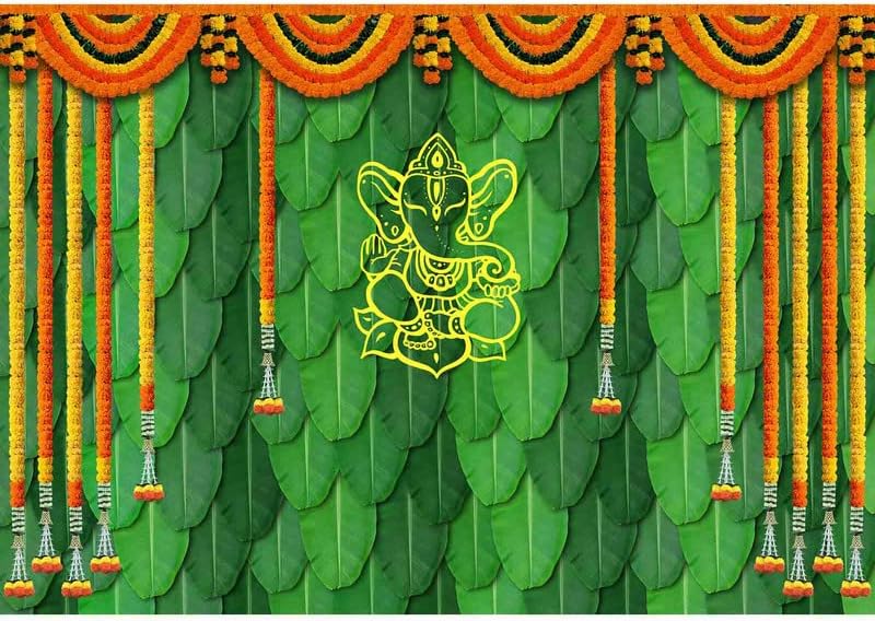 ZTHMOE 8x6ft tkanina Indija Pooja tradicionalna fotografija pozadina Banana list Zelena Chatiya Ganesh pozadina Neven Puja Ganpati vjenčanje Photo tapiserija štand rekviziti