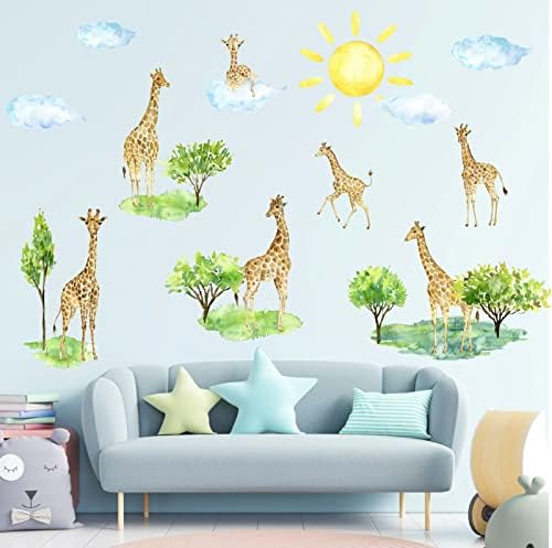 Akvarelne zidne naljepnice Žirafe šumske naljepnice zidne naljepnice za životinje sunce oblaci zidne naljepnice zeleno drvo životinje zidne naljepnice džungle zidne naljepnice za životinje žirafa zidne naljepnice za djecu u vrtiću dekor sobe
