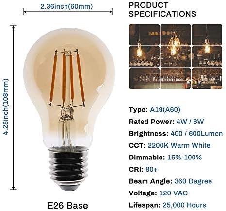 LED Edison sijalica sa mogućnošću zatamnjivanja 4W A19 LED Sijalice 2200k toplo Bijela 400lm LED žarulja sa žarnom niti 40W ekvivalentno E26 srednje bazno Jantarno staklo za dom, kafić, kancelariju 6 pakovanje