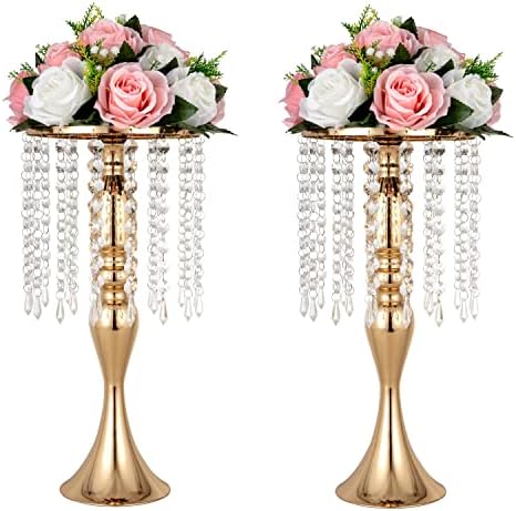 LANLONG Set od 2 Kristalna svadbena stola središnji dijelovi Zlatni stalak za cvijeće vaze središnji ukrasi