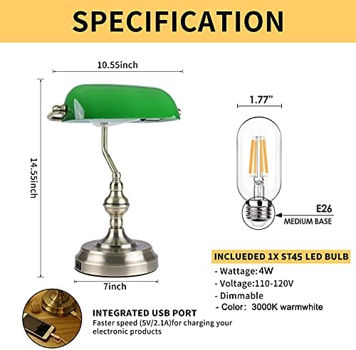 Liylan green Glass Bankers lampa, Vintage stolna lampa za kontrolu dodira, 3-smjerna lampica za prigušivanje