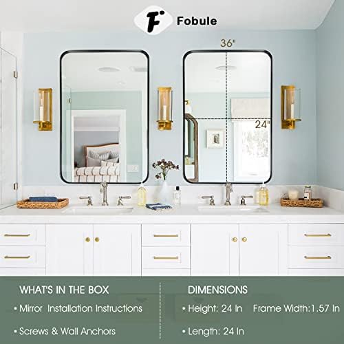 Fobule zidna ogledala za kupatilo, 24 x 36 velika pravougaona metalna ogledala za dnevni boravak, spavaću sobu, ulaz, visi horizontalno ili vertikalno, Crna