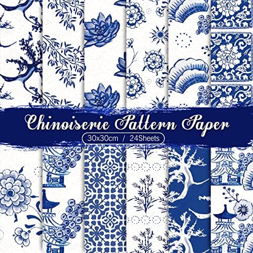 Thaline 24 lista Chinoiserie uzorak 30 x 30cm Plavi bijeli kineski bilježnički papir Dvostrani kolekcija orijentalni ukrasni zanatski papir preklopljeni stan za izradu baza, 12 dizajna