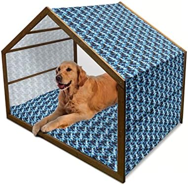 Lunadljiva geometrijska drvena kuća za pse, trouglovi kvadrata i linije sa ombre poput fraktalnog dizajna modernog stila printa, vanjski i zatvoreni prijenosni pas odgajivač sa jastukom i poklopcem, 2x-veliki, plavi i crni