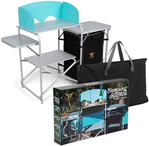 LaRalinc Camp Kuhinjski stol za prijenosni kampovanje sa vetrobranskom staklom, torbu za nošenje - Sklopivi aluminijum - kuhar, skladište ormara za roštilj, piknike i rep