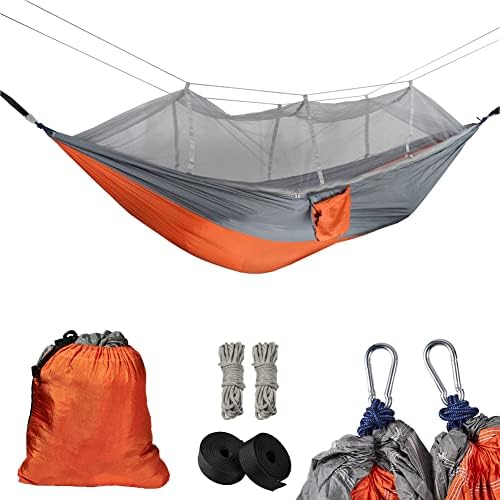 Blueshyhall Camping Hammock sa mrežom, prenosivim laganim 210t najlonskim padobranom dvostrukim visećim za putovanja, ruksaka, planinarska oprema - narandžasta