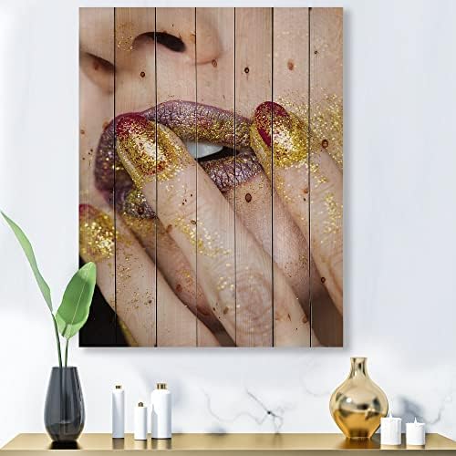 DesignQ Close-Up od Golden Gold Glitter ruž za usne Modern & amp; savremeni drveni zidni dekor,