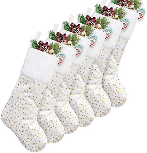 Limbridge Božićne čarape, 6 pakovanja 18 inča Glitter Golden Star Print s plišanim manžetom, klasičnim ukrasima za ostavu za cijelu obitelj, bijeli i zlatni