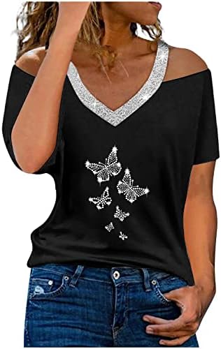 Ženska bluza s kratkim rukavima hladna ramena vrhunska mashirts v Dušo izrez vrata leptir rhinestone obična bluza