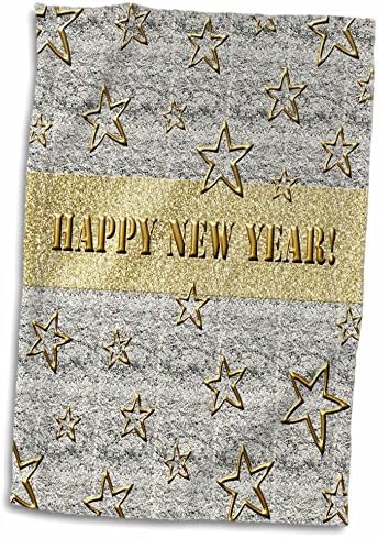 3D ružine zvijezde na srebrnoj teksturiranoj pozadini - sretna nova godina u zlatnom ručniku, 15 x 22
