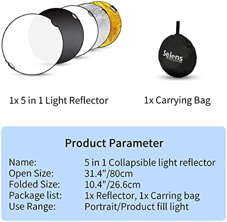 Selens 32-inčna reflektorska fotografija, sklopivi reflektor svjetlosti sa torbicom za nošenje, 5 u 1 reflektor