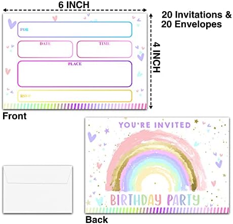 Ystep Rainbow pozivnice za rođendanske zabave, 20 pozivnica sa kovertama, 4 x6 pozivnice za rođendanske zabave za djevojke - A03