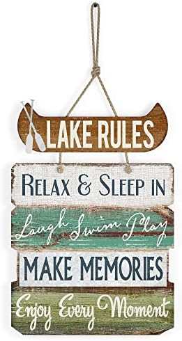 Barnyard Decons 'Lake pravila' Dekor kuće za dom, viseći jezero Zidni dekor Lake Sign, Jezero znakove za jezero Kuhinja, rustikalni jezero Dekor za kućni znak, 14 x 21