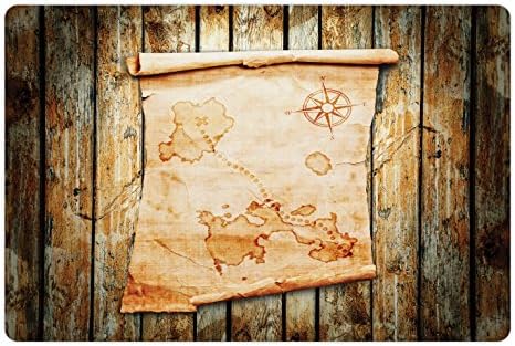 Mapa ostrva Ambesonne prostirka za kućne ljubimce za hranu i vodu, mapa blaga na rustikalnom drvetu X označava koncept Grunge Spot Nautical Pirates, pravougaona neklizajuća gumena prostirka za pse i mačke, krem braon