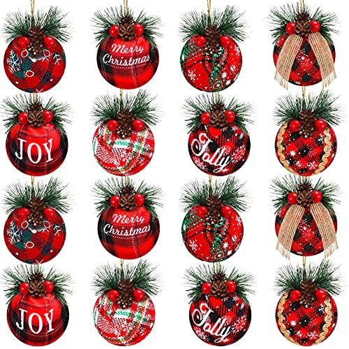 16 komada Božić Buffalo Plaid Ball Ornamenti rustikalni karirani Burlap tkanina Lopta božićno drvo viseći ukrasi