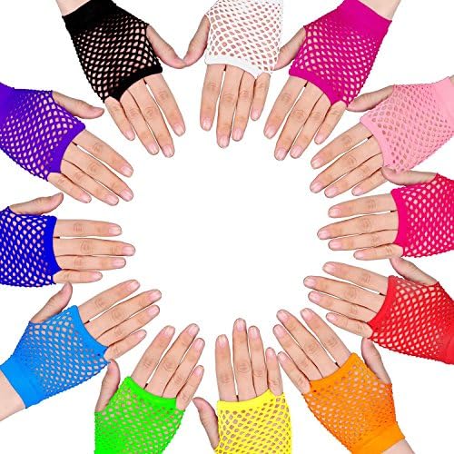 TecUnite 12 pari mrežastih rukavica bez prstiju neonske boje i 100 komada višebojnih silikonskih žele narukvica sa svjetlećim vezicama za kosu za razne tematske zabave