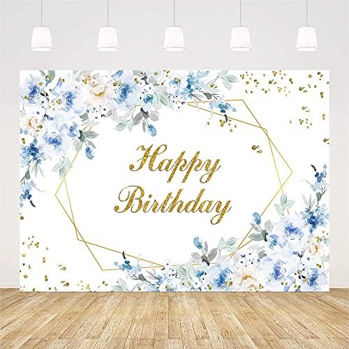 Sendy 7x5ft Happy Birthday backdrops for boy birthday party Decorations Supplies Blue White Floral Gold Glitter Bday Photography Background Banner Cake Table Photo Booth Studio rekviziti