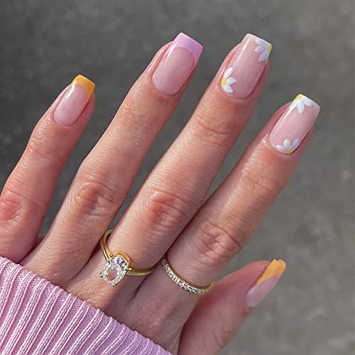 TIMMOKO Press na noktima kratki lažni nokti akril balet francuski Exquisite žuta ljubičasta cvijet ljepljiva traka na noktima dizajn nokti za žene i djevojke 24kom