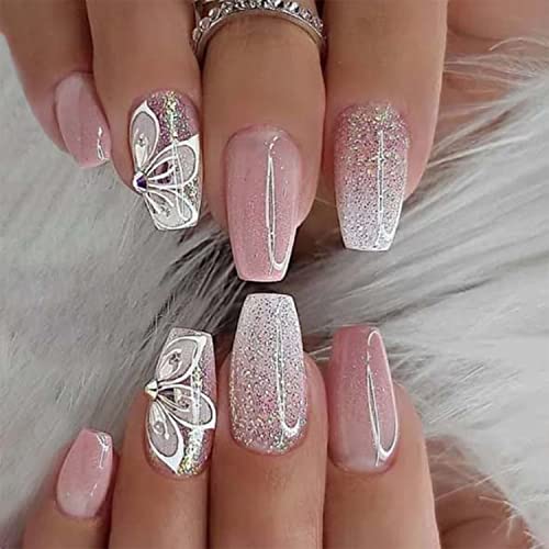 Press na noktima kratki srednji kovčeg DOCVOEOMH, nude Pink lažni nokti komplet sa Rhinestones+Glitter dizajn, akrilni lepak na lažnom noktu na noktima za žene Pokloni za višekratnu upotrebu full Cover Gel nokti-24kom
