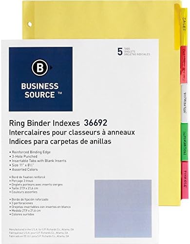 Business Source Insertable Tab Ring Binder Indeksi, Multicolor Tab, 5/Set, 2