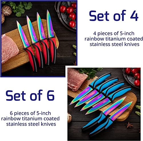 SiliSlick set noževa za odreske od nerđajućeg čelika - šareni kuhinjski noževi premazani titanijumom sa ravnim