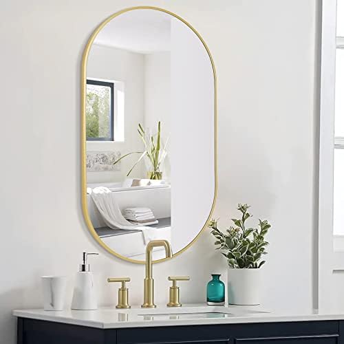 Cofeny ovalno ogledalo, 17 X30 Zlatno ogledalo za kupatilo sa metalnim okvirom, Zidni retrovizori Dekor za spavaću sobu, ulaska visi vodoravna ili vertikalna