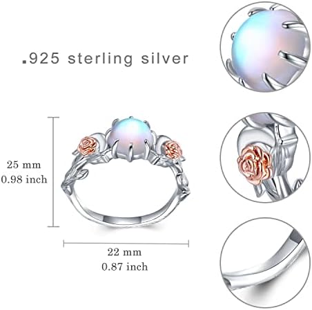 Moonstone Rose Flower Ring za žene, 925 Sterling Silver Rose Moon Phase Ring sa Mjesečevim Kamenom, Moonstone