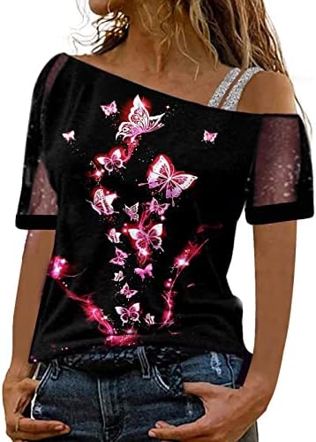Kratki Sheer rukav Off Tshirts za žene leptir grafički opušteno Fit Brunch Mesh Patchwork vrhovi Tshirts djevojke R5