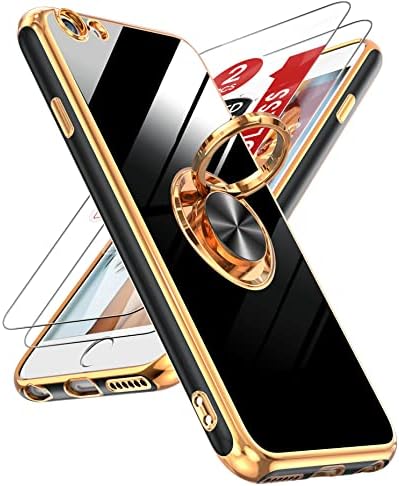 LeYi za futrolu za iPhone 6, futrolu za iPhone 6s sa zaštitom ekrana od kaljenog stakla [2 Pakovanje] magnetni nosač prstena koji se može rotirati za 360°, zaštitni iPhone 6 futrola za rub ružičastog zlata, Crna