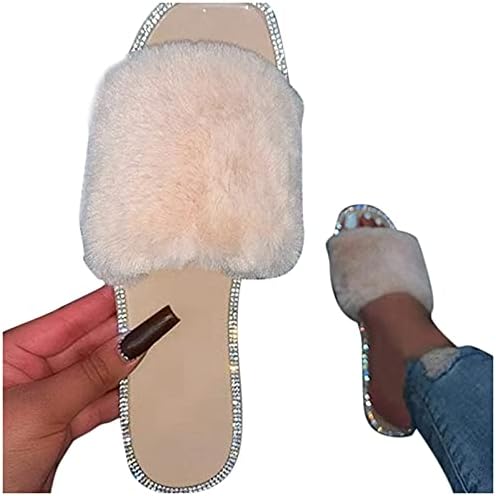 IQKA žene ravne sandale Čvrsto boje Fluffy Fuffy Fur Ljetne casual papuče Otvori nožni modni klizi udobne cipele
