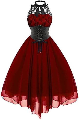 Gotička haljina za žene Halter Drawstring korzet Lace Patchwork šifon Vintage večernja haljina za zabavu