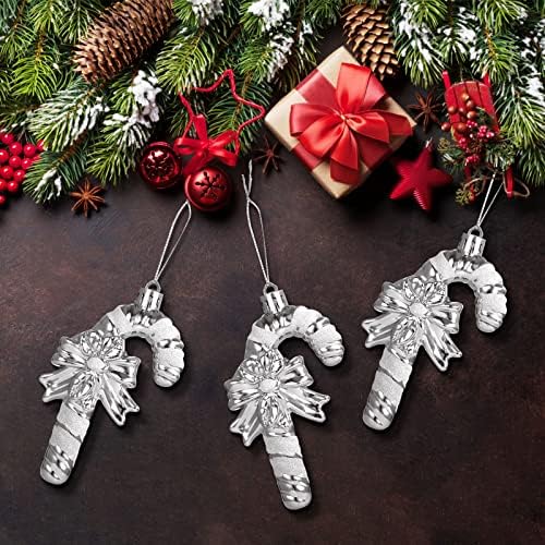 Gwhole 12 kom božićne srebrne bombonske ukrase, blistavi plastični bomboni Cane Cute Cuted Bowknot Dizajn sa žicama za božićno drvce za viseće ukrase