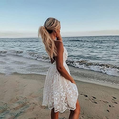 SUTWOEN ženski ljetni sarafan Bijela čipkasta haljina sa remenom seksi duboki V-izrez bez rukava Empire struk Ležerne lepršave haljine na plaži