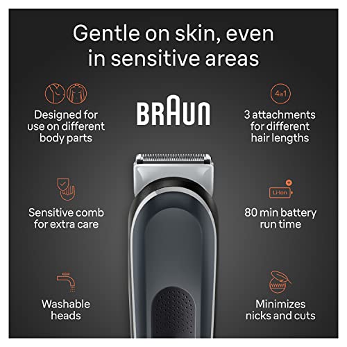 Braun Body Groomer serije 3 3340, Body Groomer za muškarce, za grudi, pazuha, prepone, Manscaping & više, uklj. 2 češlja za 1 mm - dužine 3 mm, SkinSecure tehnologija za nježnu upotrebu, periva,