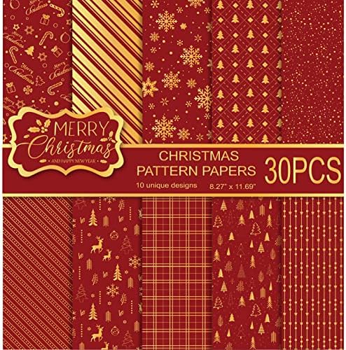 Miahart 30 listova Božićni uzorak Papir postavljen A4 Veličina Crveni i zlatni festival Dekorativni zanatski papir Dvostrani za izradu kartica, 10 dizajna