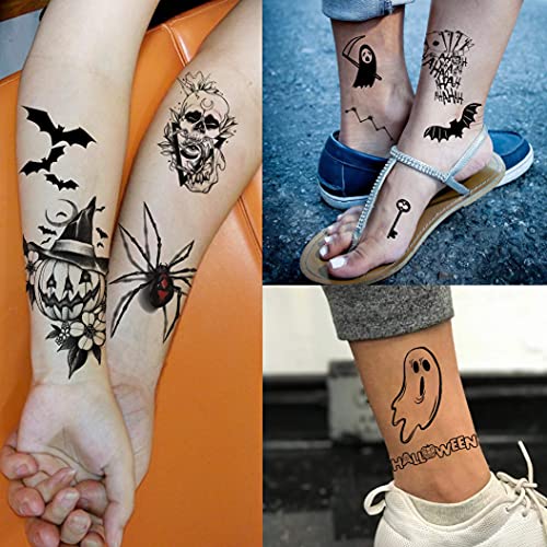 Shegazzi 52 listova Halloween privremene tetovaže za djecu Dječaci Djevojčice Žene Muškarci, 3D Scary Skull Skeleton lažne tetovaže naljepnica za odrasle, mali duh vampir šišmiš bundeva Pauk Temp Transfer Tatoos đavo