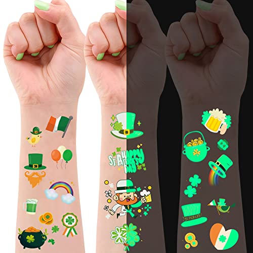 St. Patrickov naljepnica za tetovaže, 20 listova blistavo tetovaža Shamrock zalihe sjaj u tamnim ukrasnim naljepnicama za dekorativne zabave Svetog Patricke