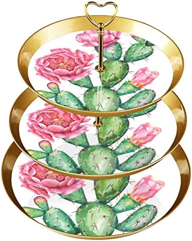 Bodljikavi Cactus Pink Flower 3-slojni stalak za kolačiće poslužavnik za posluživanje, reljefni stalak za desertnu