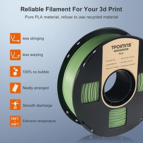 Tpoimns PLA Filament 1,75 mm, vojska Green Pla 3D filament pisača, 1kg kalem, dimenzionalna tačnost +/- 0.03mm, koju koristi većina FDM 3D štampača