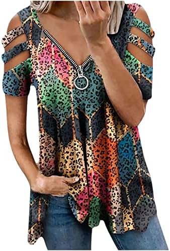 Plus veličine tuničkih vrhova za žene hladno rame Ljetni vrhovi elegantna majica za ispis zipper v majica na vratu casual labava bluza