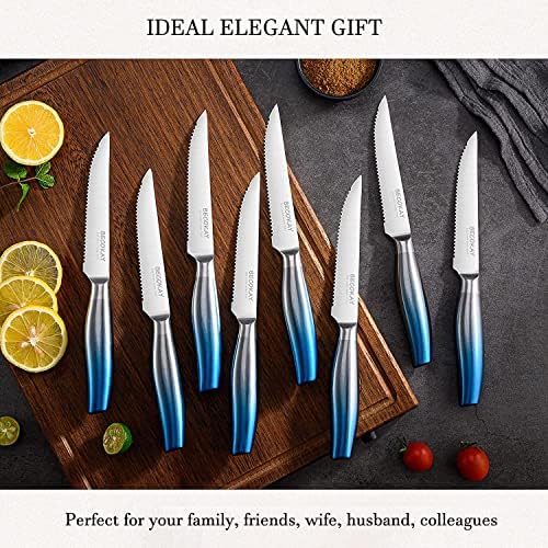 BECOKAY nož za sečenje mesa sa metalnom ručkom za seckanje kostiju, nazubljeni noževi za odreske Set od 8, visokougljični nemački čelik Super oštar kuhinjski noževi Set sa elegantnom ergonomskom ručkom za jelo