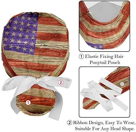 2 komada podesiva radna kapa s tipkama i vrpcom za ženske duge kose, retro američka zastava